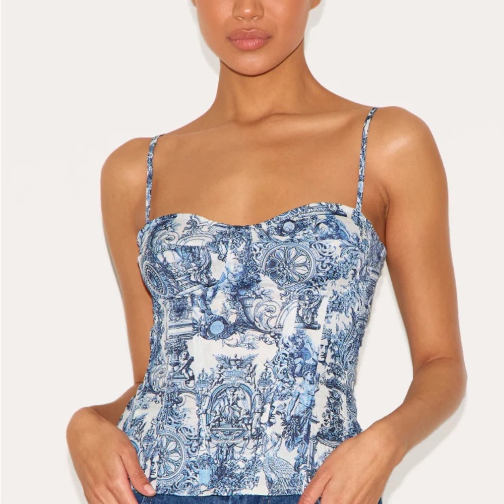 PrettyLittleThing Blue and White Renaissance structured corset top